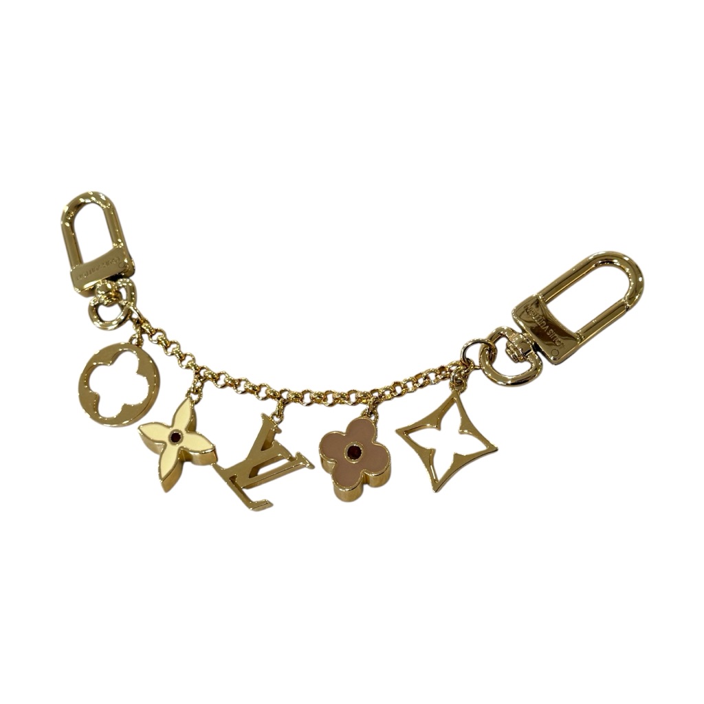 Louis Vuitton Fleur De Monogram Bag Charm Chain Gold Tone Beiges Pinks M01413